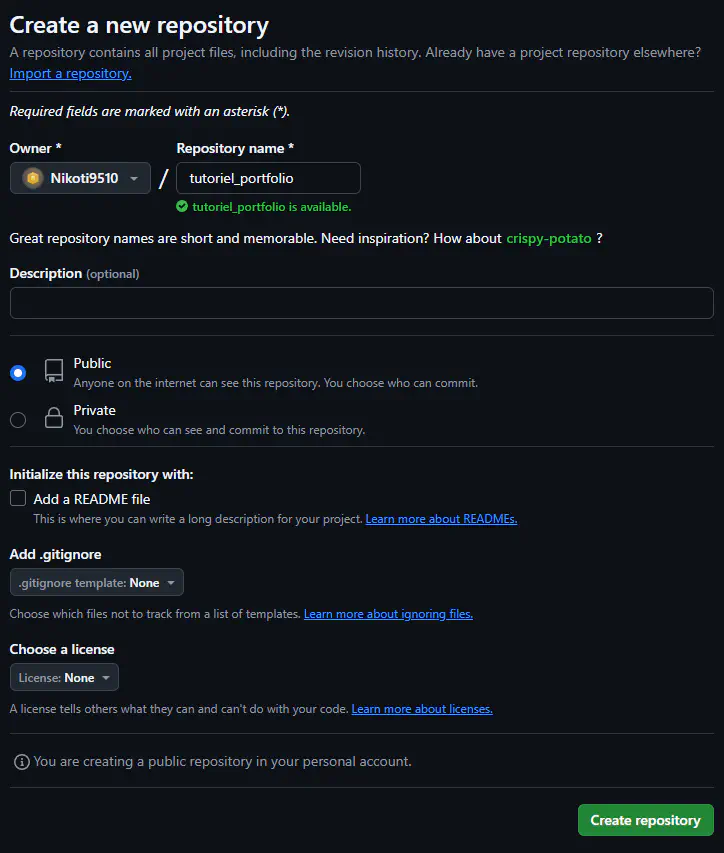 Création d’un répertoire dans l’interface github