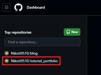 Dashboard de github avec le nouveau répertoire présent