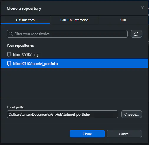 Choix d’un répertoire dans github desktop 