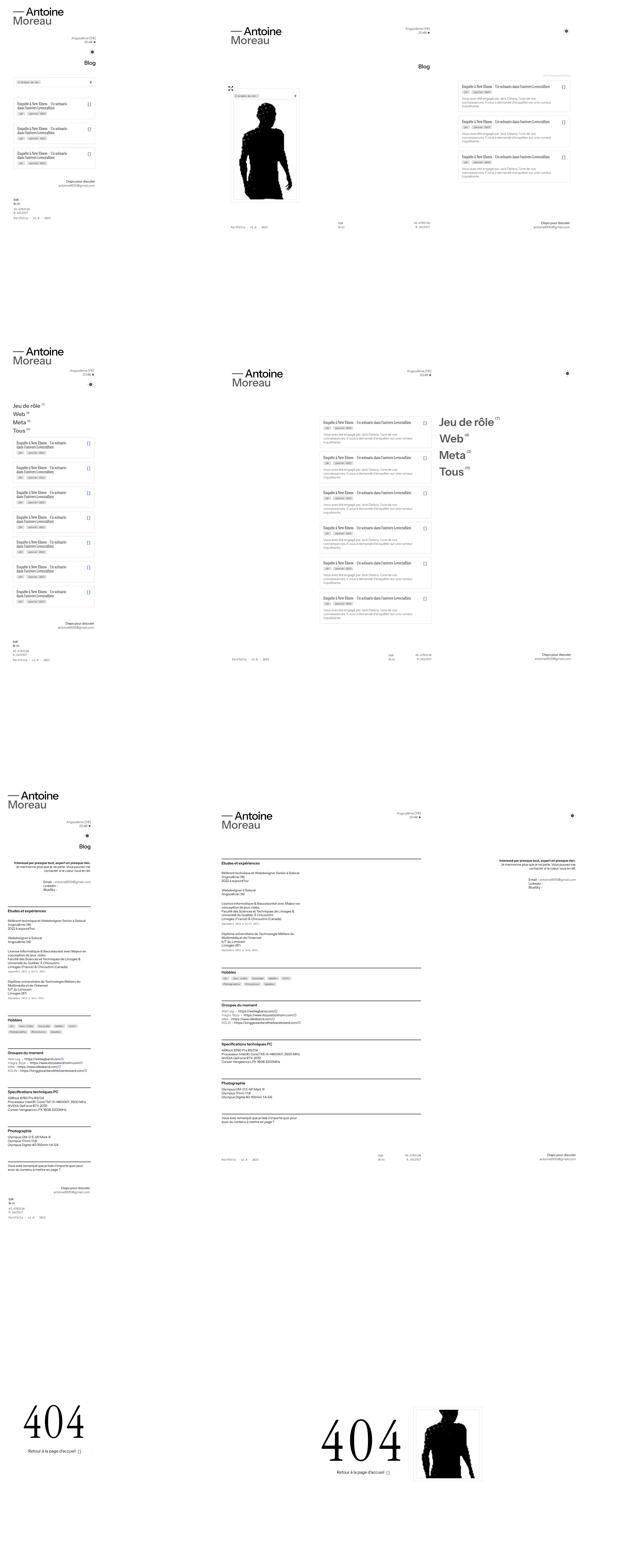 Les différents écrans pour mon portfolio, lors du prototypage dans Penpot